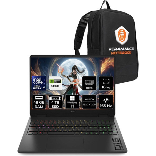 Omen Slim 16 Core Ultra 7 255H RTX 5060 8GB 48GB RAM 4TB SSD 16" FHD+ 165Hz Win11 Pro CK9L3EAPN430 Gaming Laptop + Per4 Çanta