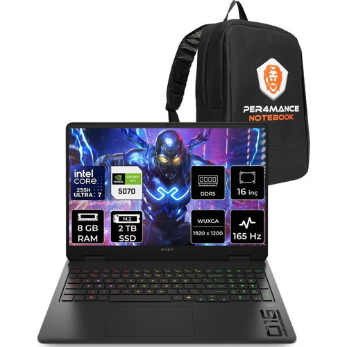 Omen 16 Core Ultra 7 255H RTX 5070 8GB 8GB RAM 2TB SSD 16" FHD+ 165Hz FreeDOS BQ1Y6EAPN304 Gaming Laptop + Per4 Çanta