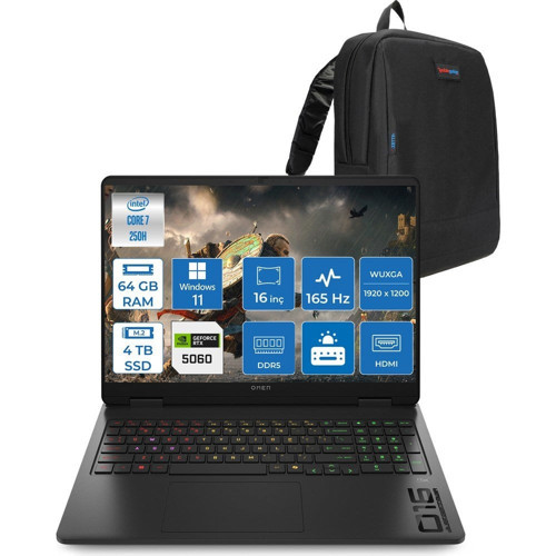 Omen Gaming Laptop Intel Core 7 250H Aı 64GB Ddr5 4tb SSD 8GB/RTX5060 Gddr7 16" 165 Hz, 3 Ms IPS 400 Nits IPS 2k (1920 x 1200 WIN11PRO Gaming BILG.BQ9A8EAP20+ZETTAÇANTA