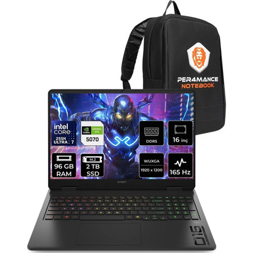Omen 16 Core Ultra 7 255H RTX 5070 8GB 96GB RAM 2TB SSD 16" FHD+ 165Hz FreeDOS BQ1Y6EAPN344 Gaming Laptop + Per4 Çanta