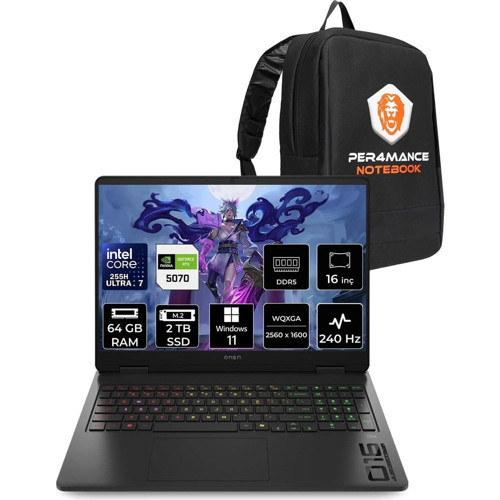 Omen Slim 16 Core Ultra 7 255H RTX 5070 8GB 64GB RAM 2TB SSD 16" QHD+ 240Hz Win11 Pro CJ8V8EAPN434 Gaming Laptop + Per4 Çanta