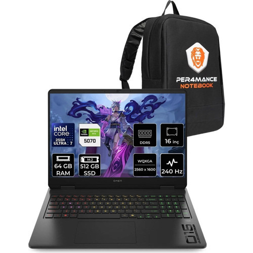 Omen Slim 16 Core Ultra 7 255H RTX 5070 8GB 64GB RAM 512GB SSD 16" QHD+ 240Hz FreeDOS CJ8V8EAPN332 Gaming Laptop + Per4 Çanta
