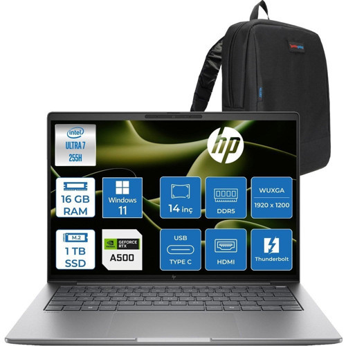 Zbook 8 G1I Intel Core Ultra 7 255H 16GB Ddr5 1tb SSD 4GB/RTXA500 14" Wuxga Düşük Mavi Işık 300NIT %62,5 Srgb Windows 11 Pro Taşınabilir Iş Istasyonu B30HBESP02 + Zettaçanta