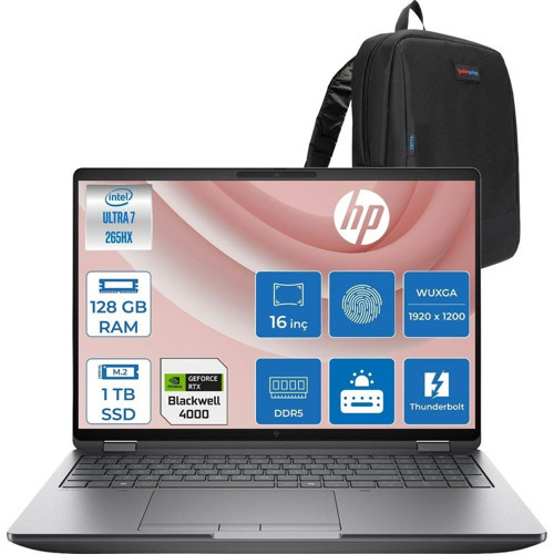 Zbook Fury 16 G1I Intel Ultra 7 265HX Ddr5 128GB 1tb SSD 16GB/RTXPRO4000 Blackwell 16" Wuxga IPS 400NIT Wi-Fi7+Bt 5.4 Windows 11 Pro Aı Iş Istasyonu C65H8ESP42 + Zettaçanta