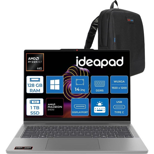 Ideapad 5 2-In-1 14AGP11 Amd Ryzen Aı 7 445 128GB Ddr5 1tb SSD Radeon™ 840M Graphics 14" Wuxga (1920X1200) IPS 400NITS Dokunmatik WIN11PRO Bilgisayar 83UH0049TRP38+ZETTAÇANTA