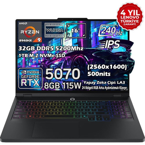 Legion Pro 5 16ADR10 AMD Ryzen 9 8940HX 32GB 1TB SSD RTX 5070 8GB 16" WQXGA (2560X1600) IPS Panel 240Hz 115W Freedos Taşınabilir Dizüstü Bilgisayar 83LT0046TR