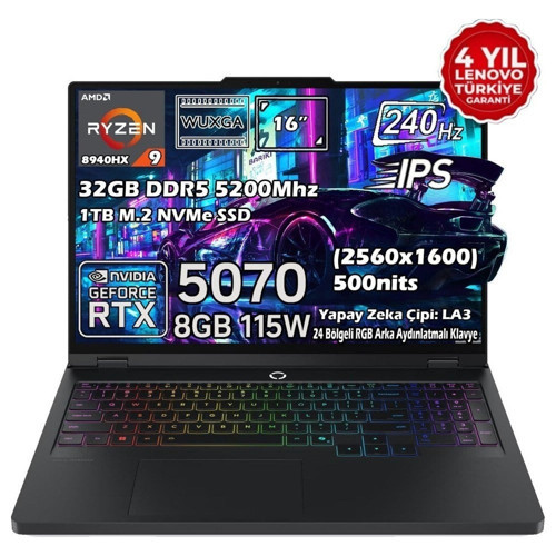 Legion Pro 5 16ADR10 Amd Ryzen 9 8940HX 32GB 1tb SSD Rtx 5070 8gb 16" Wqxga (2560X1600) IPS Panel 240Hz 115W Windows 11 Pro Taşınabilir Bilgisayar 83LT0046TR