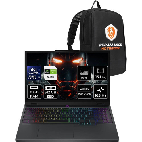 Legion 5 Core Ultra 7 255HX RTX 5070 8GB 8GB RAM 512GB SSD 15.1" QHD+ 165Hz FreeDOS 83F0008BTRP302 Gaming Laptop + Per4 Çanta