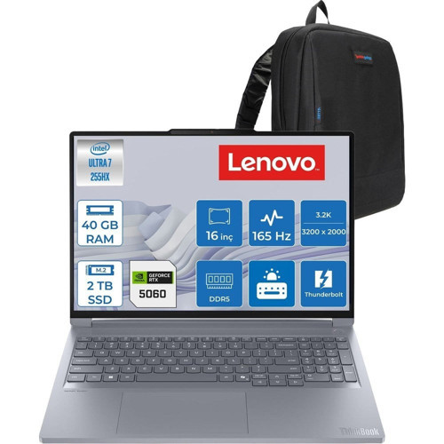 Thinkbook 16P G6 Intel Ultra 7 255HX 40GB 2tb SSD 8GB/RTX5060/115W 16" 3.2k (3200X2000) IPS 165hz 500NITS X-Rite WIN11PRO Kurumsal Iş Bilgisayarı 21R0001GTXP15 + Zettaçanta