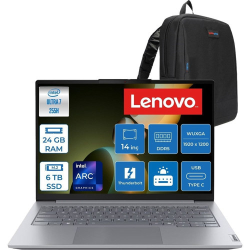 Thinkbook 14 Gen8 Ial Intel Core Ultra 7 255H 5.1ghz 24GB Ddr5 6tb SSD Freedos Intel Arc 140T 14 Inç Wuxga (1920 x 1200) IPS 300NITS Taşınabilir Bilgisayar 21SJ007ATXF13 + Zetta Çanta