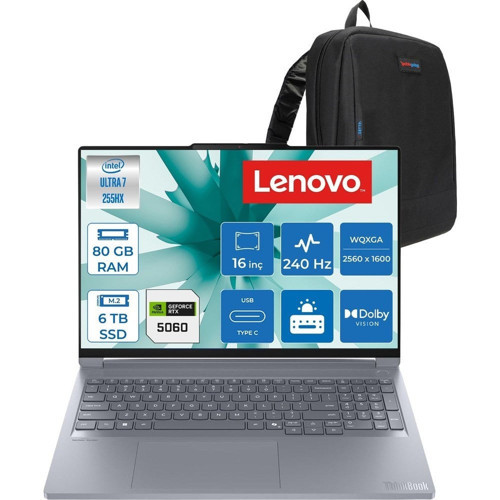 Thinkbook 16P Iax Intel Core Ultra 7 255HX 80GB Ddr5 Ram 6tb SSD RTX5060 8gb 115W Freedos 16" Wqxga (2560X1600) IPS 500NITS 240Hz Laptop T21R0001LTXF41 + Zetta Çanta