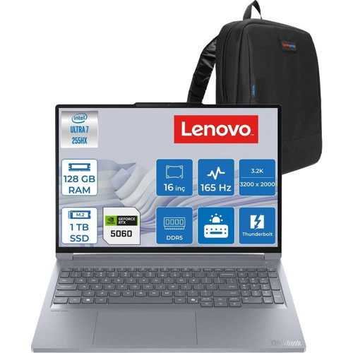 Thinkbook 16P G6 Intel Ultra 7 255HX 128GB 1tb SSD 8GB/RTX5060/115W 16" 3.2k (3200X2000) IPS 165hz 500NITS X-Rite WIN11PRO Kurumsal Iş Bilgisayarı 21R0001GTXP42 + Zettaçanta