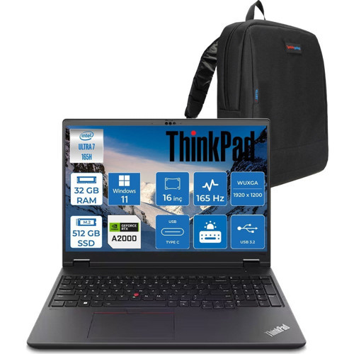 Thinkpad Mws P16V Gen2 Intel Ultra 7 165H Vpro Aı 32GB 5600MHZ 512GB SSD 8GB/RTX2000ADA 16" Wuxga (1920X1200) IPS 400NITS Windows 11 Pro Taşınabilir Bilgisayar W21KX001MTXW09+ZETTAÇANTA