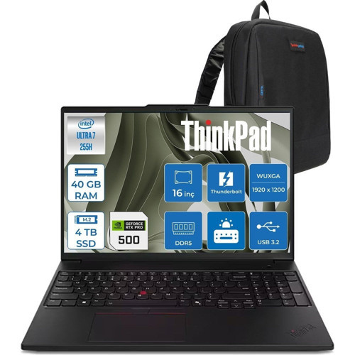 Thinkpad P16S Gen4 Intel Core Ultra 7 255H 40GB 4tb SSD 6GB/RTXPRO500 Blackwell 16" Wuxga IPS 400NITS 60Hz Wi-Fi7 Windows 11 Home Taşınabilir Iş Istasyonu 21QV000YTXH16 + Zettaçanta