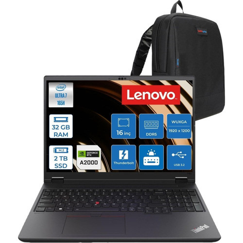 Thinkpad P16V Gen 2 Intel Core Ultra 7 165H 32GB 2tb SSD 8GB/RTX2000/GDDR6 16" Wuxga IPS 400NITS Freedos Taşınabilir Iş Istasyonu 21KX001MTXF11 + Zettaçanta