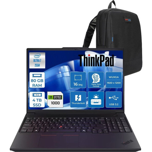 Thinkpad P16V Gen3 Intel Core Ultra 7 255H 80GB 4tb SSD 8GB/RTXPRO1000 Blackwell 16" Wuxga IPS 400NITS Freedos Taşınabilir Iş Istasyonu 21RS0006TXF28 + Zettaçanta
