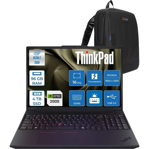 Thinkpad P16V Gen3 Intel Core Ultra 7 255H 96GB 4tb SSD 8GB/RTXPRO2000 Blackwell 16" Wuxga IPS 400NITS 60Hz Wi-Fi7 Windows 11 Pro Taşınabilir Iş Istasyonu 21RS000BTXP32 + Zettaçanta