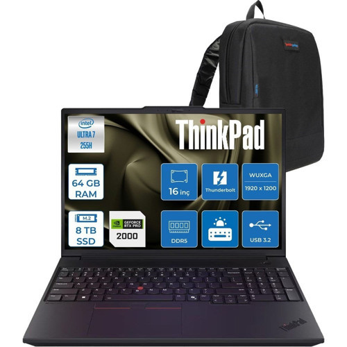 Thinkpad P16V Gen3 Intel Core Ultra 7 255H 64GB 8tb SSD 8GB/RTXPRO2000 Blackwell 16" Wuxga IPS 400NITS 60Hz Wi-Fi7 Windows 11 Pro Taşınabilir Iş Istasyonu 21RS000BTXP54 + Zettaçanta
