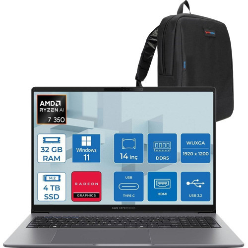Expertbook P3 PM3406CKA Ryzen Aı 7-350 32GB Ddr5 4tb SSD Radeon 860M 14.0-Inch, Wuxga (1920 x 1200) 300NITS Windows 11 Home Taşınabilir Bilgisayar PM3406CKAH10+ZETTAÇANTA