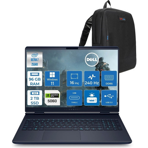 Alienware 16X Aurora Core Ultra 7 255HX Aı 96GB 2tb SSD 8GB/RTX5060 Gddr7 115W 16" Wqxga 240Hz 500 Nits Windows 11 Pro Taşınabilir Bilgisayar ZAC16251P45+ZETTAÇANTA