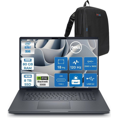 Pro Max 18 Plus Ultra 7 265HX Ddr5 80GB 8tb SSD 8GB/RTXPRO2000 Gddr7 18" Qhd+ 2560X1600 120Hz 500NITS Wifi 7 + Bt5.4 Windows 11 Pro Kurumsal Iş Bilgisayarı MB18250X2F55 + Zettaçanta