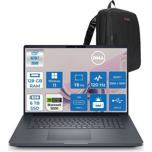 Pro Max 18 Plus Intel Core Ultra 7 265HX 128GB Ddr5 6tb SSD Rtx Pro 3000 Blackwell 12GB Windows 11 Pro 18" 120HZ Qhd+ 2560 x 1600 Wva 500NITS Mobil Iş Istasyonu MB18250263P29 + Zetta Çanta