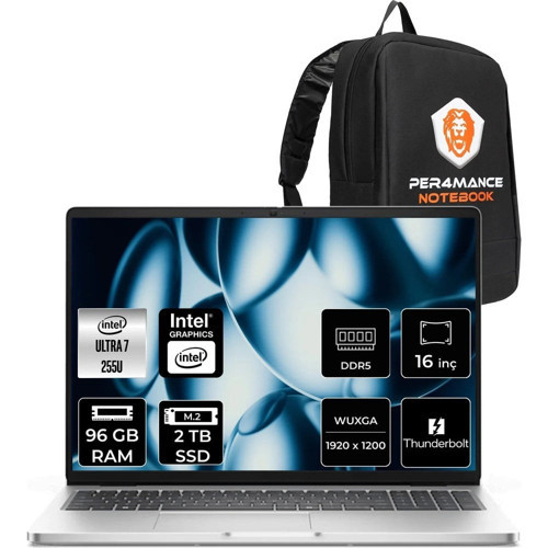 Pro 16 Core Ultra 7 255U Notebook 96GB RAM 2TB SSD 16" FHD+ FreeDOS + Per4 Çanta BTO107PC16250P344