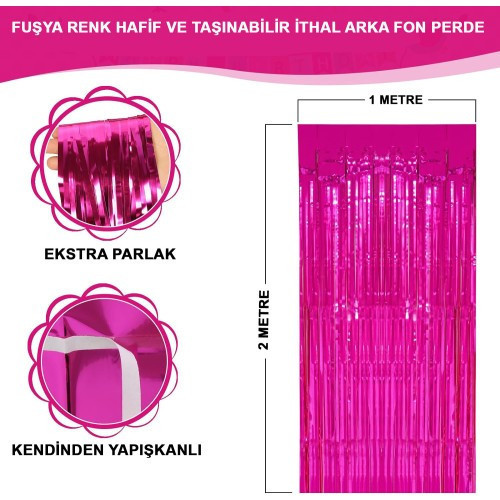 ETT7KN8 Ekstra Metalize Parlak Saçaklı Arka Fon Perde Fuşya ELKCXMH