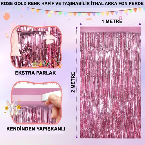 ETT7KN8 Ekstra Metalize Parlak Saçaklı Arka Fon Perde Rose Gold ELKCXMH