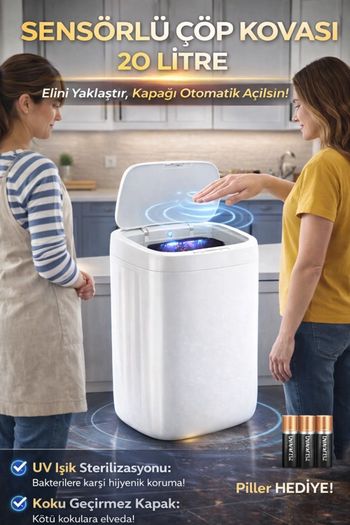 Akıllı Teknolojik Sensörlü Otomatik Açılan Kapak 20 Litre Çöp Kovası Uv Işıklı