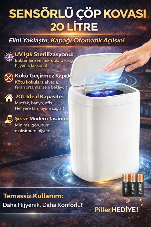 Akıllı Sensörlü Uv Işıklı 20 Litre Çöp Kovası - Mutfak, Banyo, İşyeri Ve Ofis Kullanım�