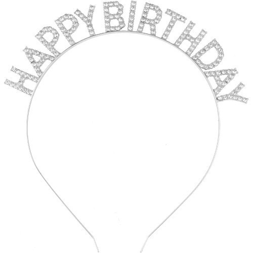 ETT7KN8 Gümüş Kristal Taşlı Happy Birthday Tacı ELKCXMH