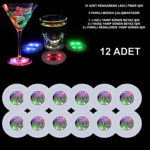 ETT7KN8 Renkli LED Işıklı Bardak Altlığı - 12 Adet, Pilli ELKCXMH