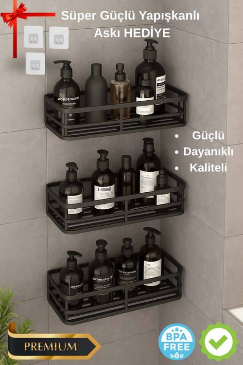 3 Lü Banyo Düzenleyici Organizer Şampuanlık Havlupan Askısı Havluluk Siyah Banyo Duş Mutfak R