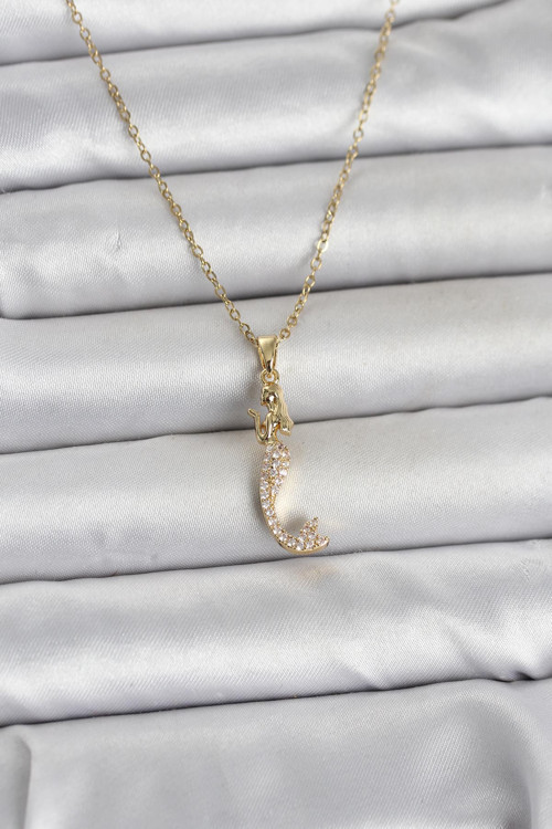 316L Çelik Zincir Gold Renk Zirkon Taşlı Deniz Kızı Model Kadın Kolye - TJ-BKO11024