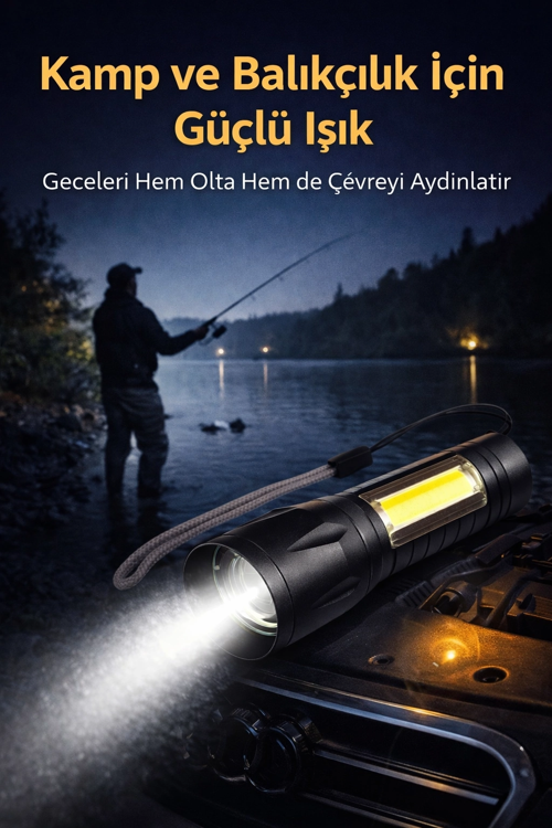 Usb Şarjlı Zoomlu Mini El Feneri Yan Cob Led Q5 Güçlü Işık Sos Mod Kutulu Kamp Ve Balıkçı