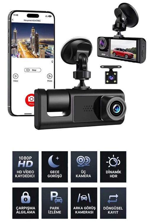 1080p Wifi Full Hd Araç Içi Kamera Arka Ön Iç Kayıt 3 Kamera Gece Görüşlü Gsensör Geniş A