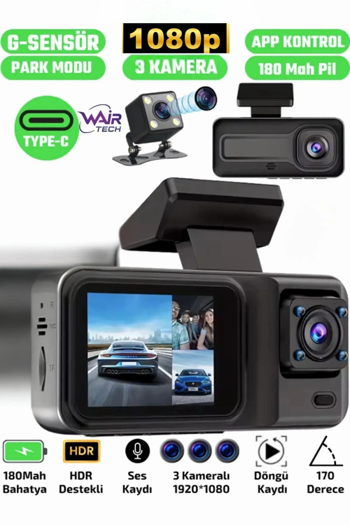 A98 Full Hd 3 Kameralı Araç Içi Güvenlik Kamerası 64gb Uyumlu Ir Gece Görüşü, Ön-arka-iç