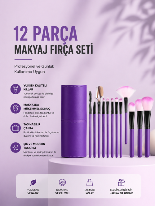 uygun 12'li Makyaj Fırça Seti Yumuşak Kıllı Profesyonel Kullanıma Uygun popüler