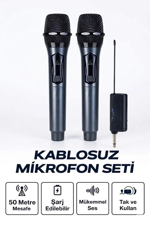 zenvia Profesyonel Çiftli Kablosuz Mikrofon Seti Karaoke Şarj Edilebilir 50 Metre znv2025