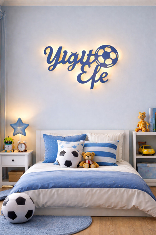 Kişiye Özel LED Işıklı Ahşap İsimlik – Erkek Çocuk Odası Duvar Dekoru – 3D Gece Lambası -Çift İsim