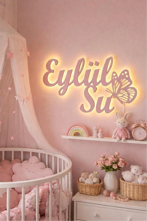 Kişiye Özel LED Işıklı Ahşap İsimlik – Kız Çocuk Odası Duvar Dekoru – 3D Gece Lambası -Çift İsim
