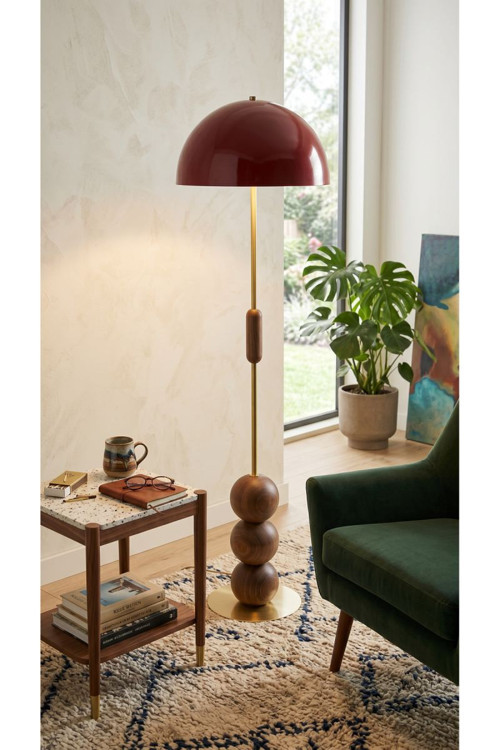 Bordo Lambader Retro Tasarım Ahşap Detaylı Metal Gövdeli Modern Dekoratif Zemin Lambası