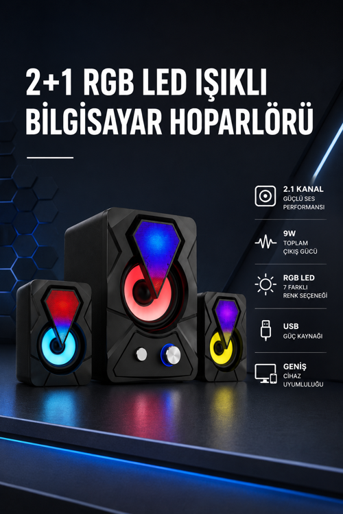 tekno 2+1 RGB LED Işıklı Güçlü Bas Sistemli Bilgisayar Hoparlörü 2026