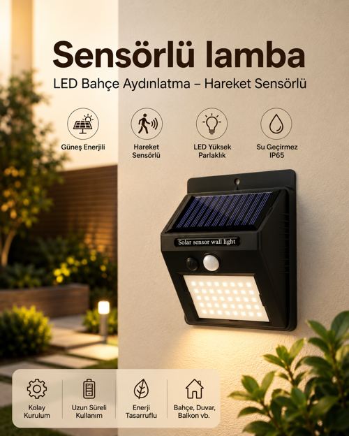 tekno Sensörlü, Güneş Enerjili LED Duvar Lambası Bahçe ve Balkon Aydınlatma 2026
