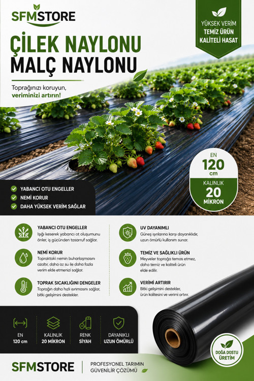 Çilek Naylonu Eni 120 Cm Deliksiz 20 Micron 20 Metre Malc Naylonu Sebze Naylonu