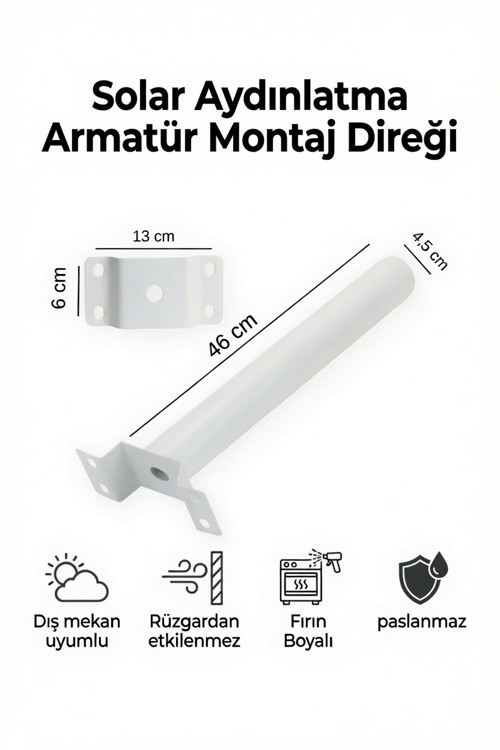 Solar Aydınlatma Armatür Montaj Direği 46 cm Fırın Boyalı Paslanmaz Dış Mekan Bahçe Duvar Direği