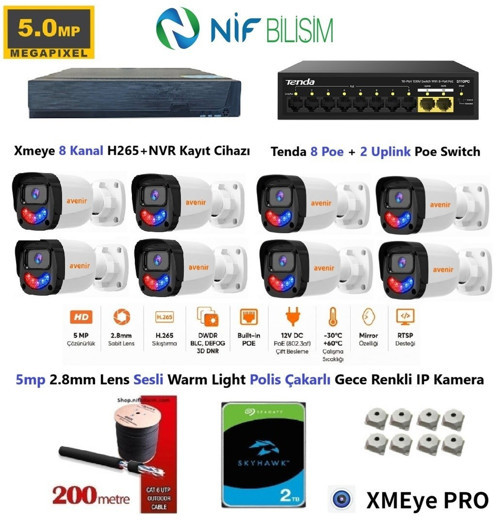 Xmeye 5mp 2.8mm Sabit Lens Polis Çakarlı Sesli Ve Gece Renkli 8 Kameralı IP Kamera Seti 2TB Disk