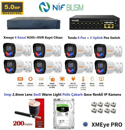 Xmeye 5mp 2.8mm Sabit Lens Polis Çakarlı Sesli Ve Gece Renkli 8 Kameralı IP Kamera Seti 500GB Disk
