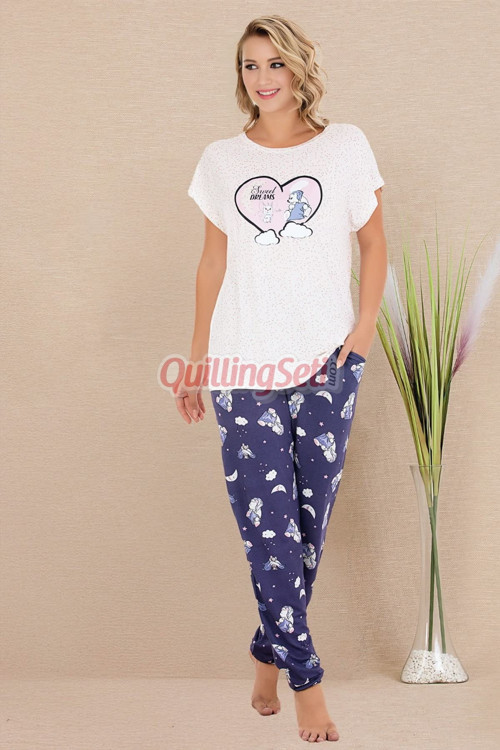 Lacivert Renk ve Desenli Lady 12584 Pamuk Viskon Kadın Kısa Kol Pijama Takımı